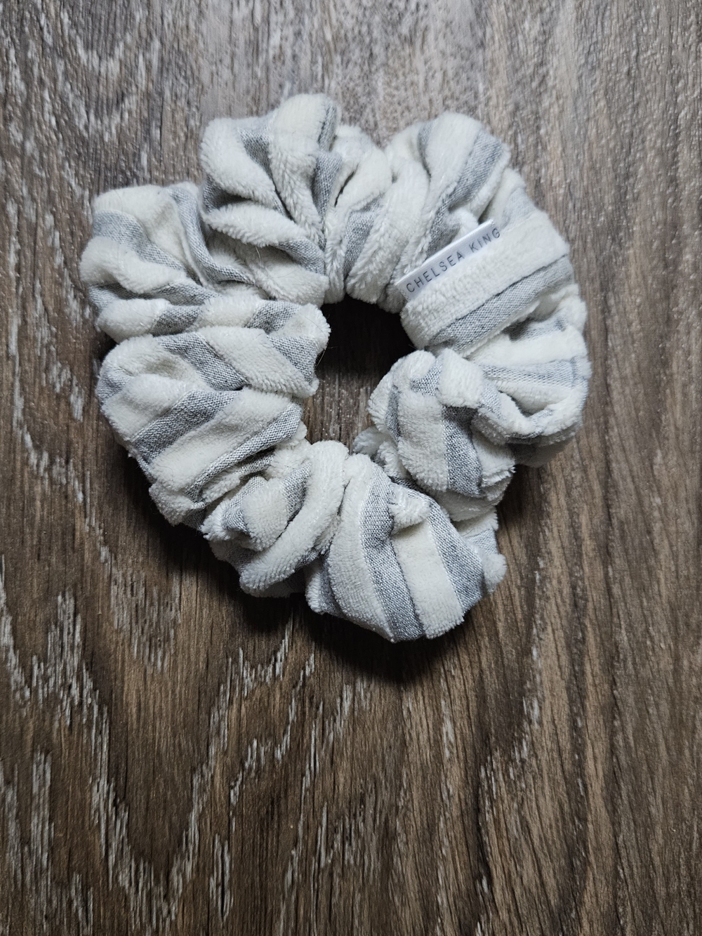 Cream & Gray Striped Terry Cloth Scrunchie